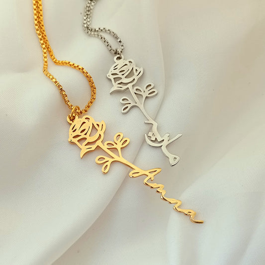 Birth Flower Script Personalized Name Necklace