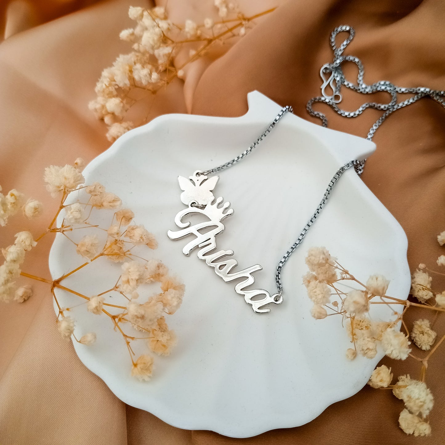 Crown Butterfly Charm Script Personalized Name Necklace